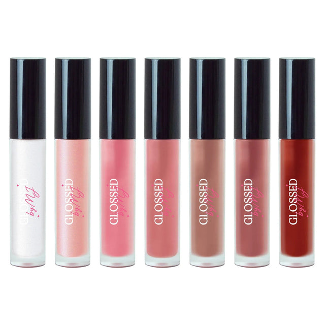 The Full Set by Glossed by MJ - all 7 high-shine lip gloss shades from clear to red