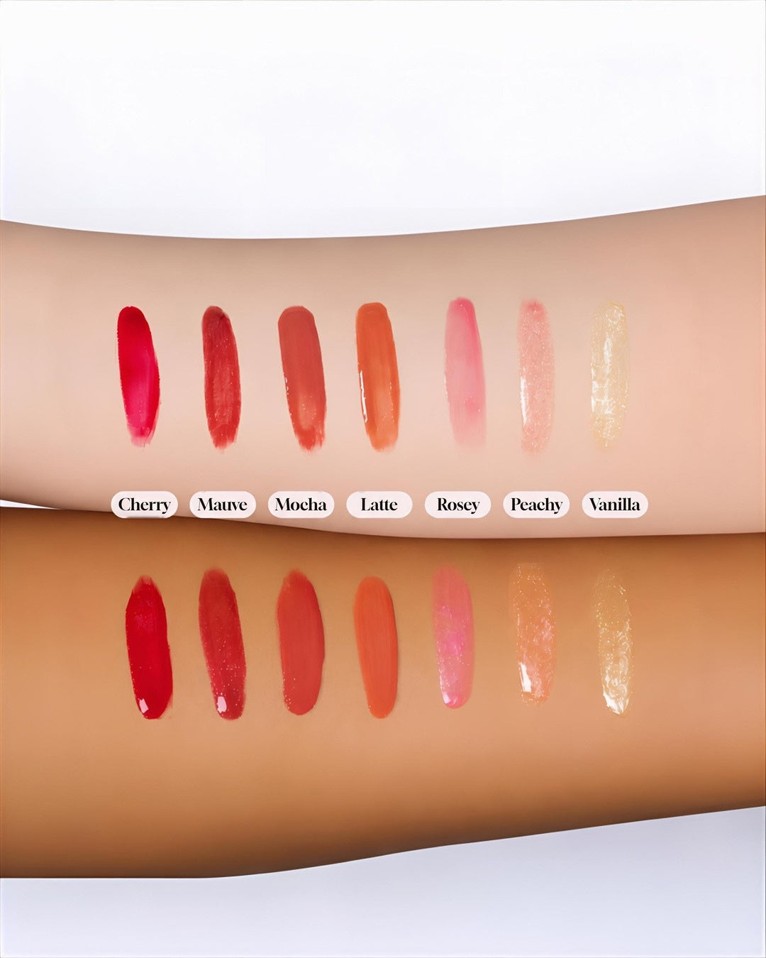 All 7 Glossed by MJ lip gloss shades swatched on two skin tones - Cherry, Mauve, Mocha, Latte, Rosey, Peachy and Vanilla